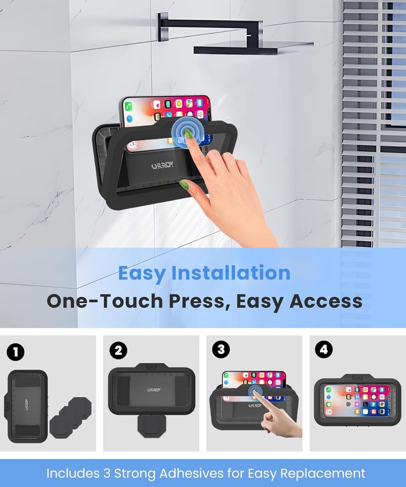 URROY Shower Phone Holder Waterproof One-Touch Open Shower Phone Case Anti-Fog & Sensitive Touchscreen Bathroom Wall Phone Mount Stand Universal Fit for iPhone & Smartphones Gift for Men Women Black - Image 4